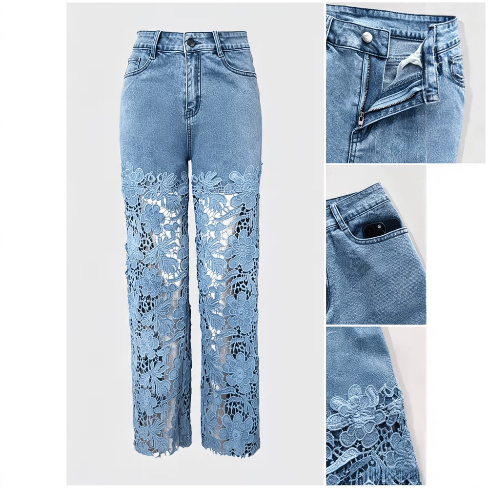 Fashionjeans women's high waistcut outlacepatchwork wide leg pantsexport washed elastic mop pants cross-border