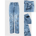 Fashionjeans women's high waistcut outlacepatchwork wide leg pantsexport washed elastic mop pants cross-border