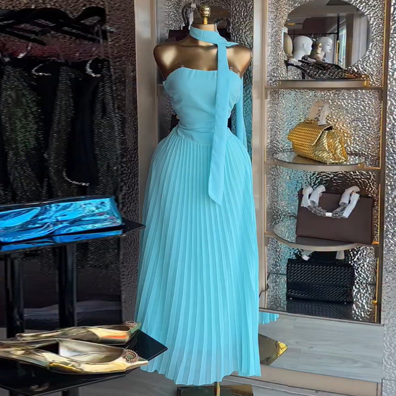 European and american women's clothing  autumn new collection: sweet and fresh bandeau high-waisted slimming pleated maxi dress