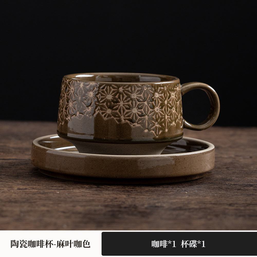Vintage chic ceramic mug and saucer set - high-style afternoon tea, milk, and coffee cups - rustic pottery, japanese-style hand-painted ceramic mugs and water cups