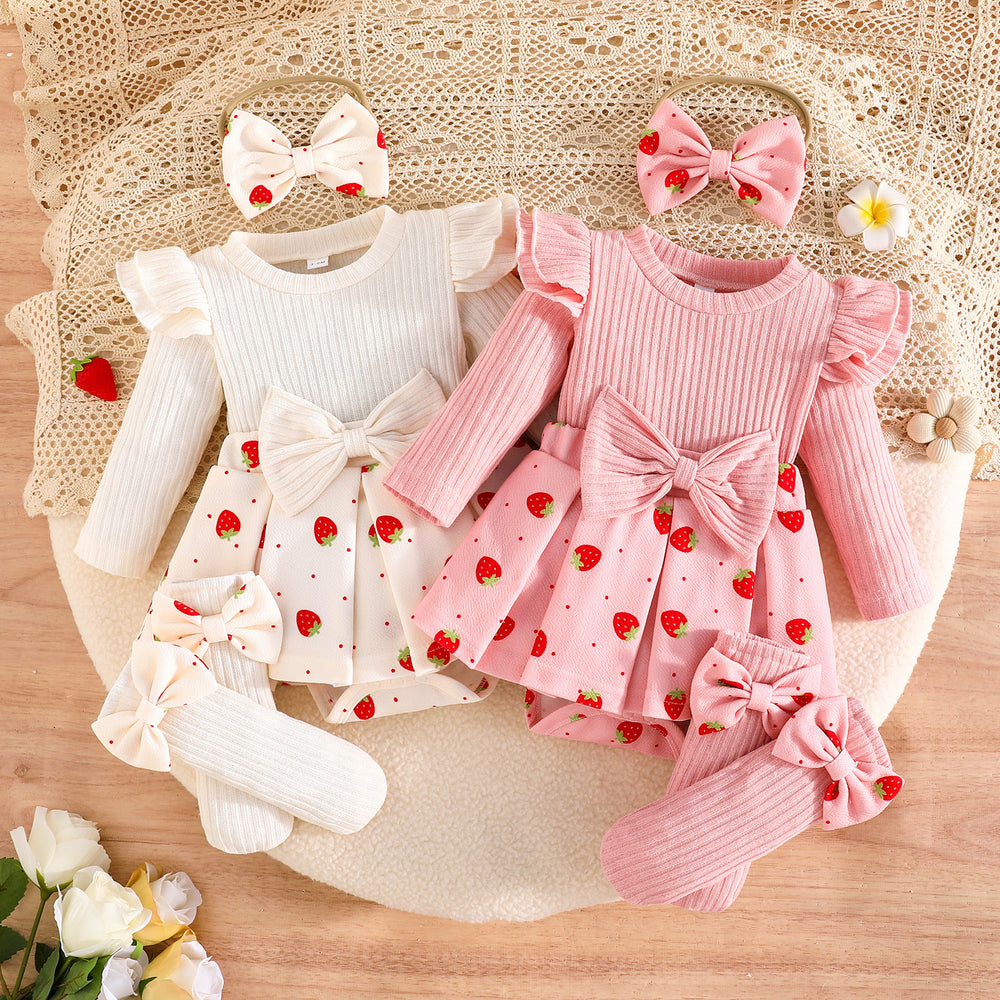 newborn baby girl autumn/winter collection: printed triangle romper + headband + bow socks - sweet & adorable style