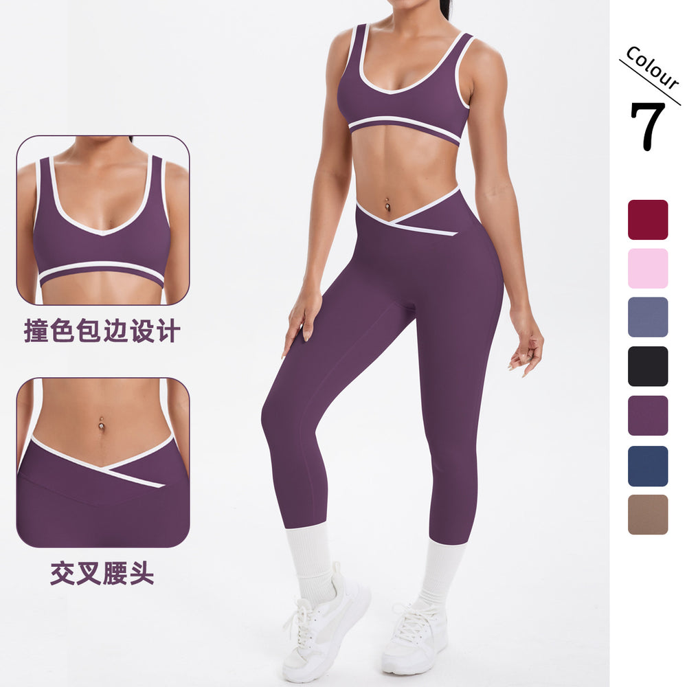 New arrival cross-border brushed contrast color tight breathable cross wide-leg yoga suit sports running fitness two-piece set