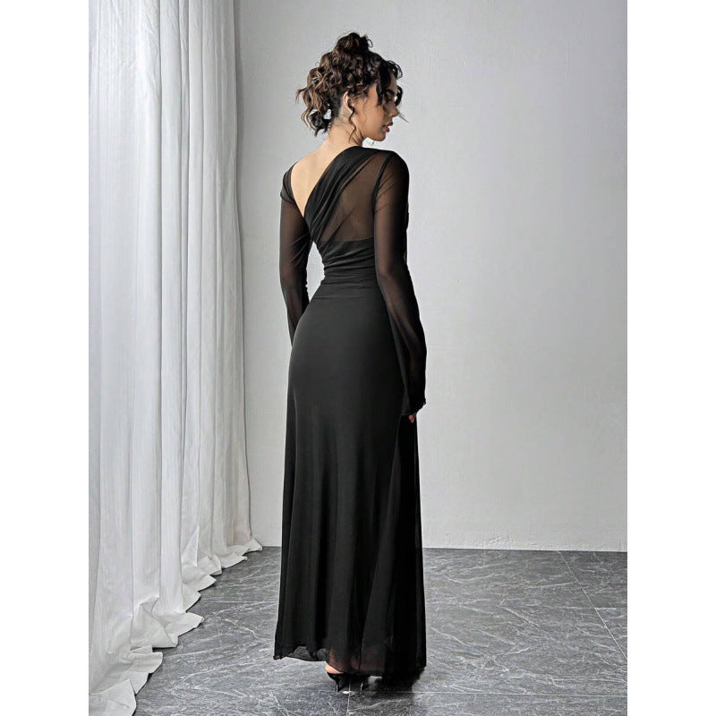 fashionautum mesh patchworklong sleeveselegance asymmetrical pleated silma-linedress women