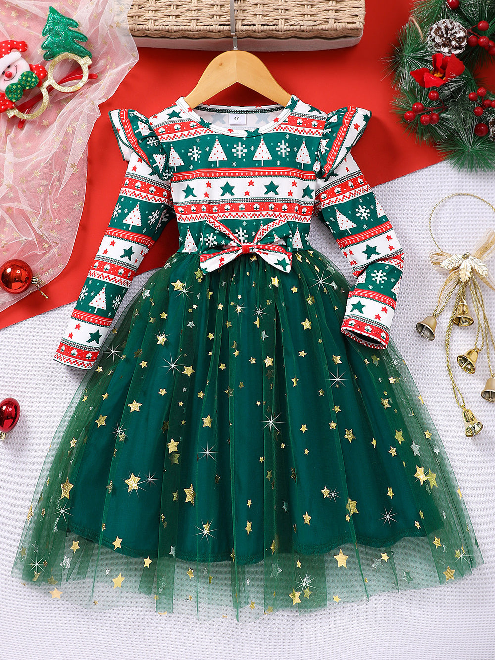 Kids' long-sleeve crewneck dress with fish scale mesh detail - christmas green