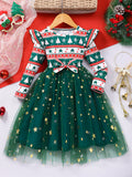 Kids' long-sleeve crewneck dress with fish scale mesh detail - christmas green