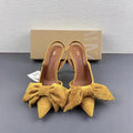 Spain 2024 summer new arrival: patent leather peep-toe mules with back strap, bow detail, and pointed toe high heels