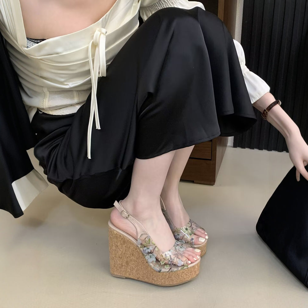 2026 new korean style transparent printed wedge sandals platform fish mouth women's shoes vacation style height increasing slides
