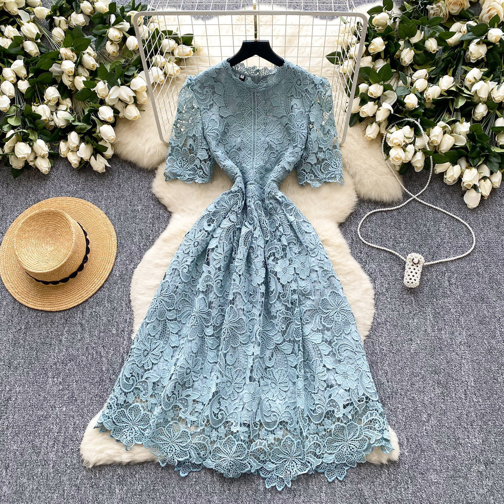 Frenchclassy sense cut out crochet lace short-sleeved dress women's summer waist slimming lookeleganta word dress