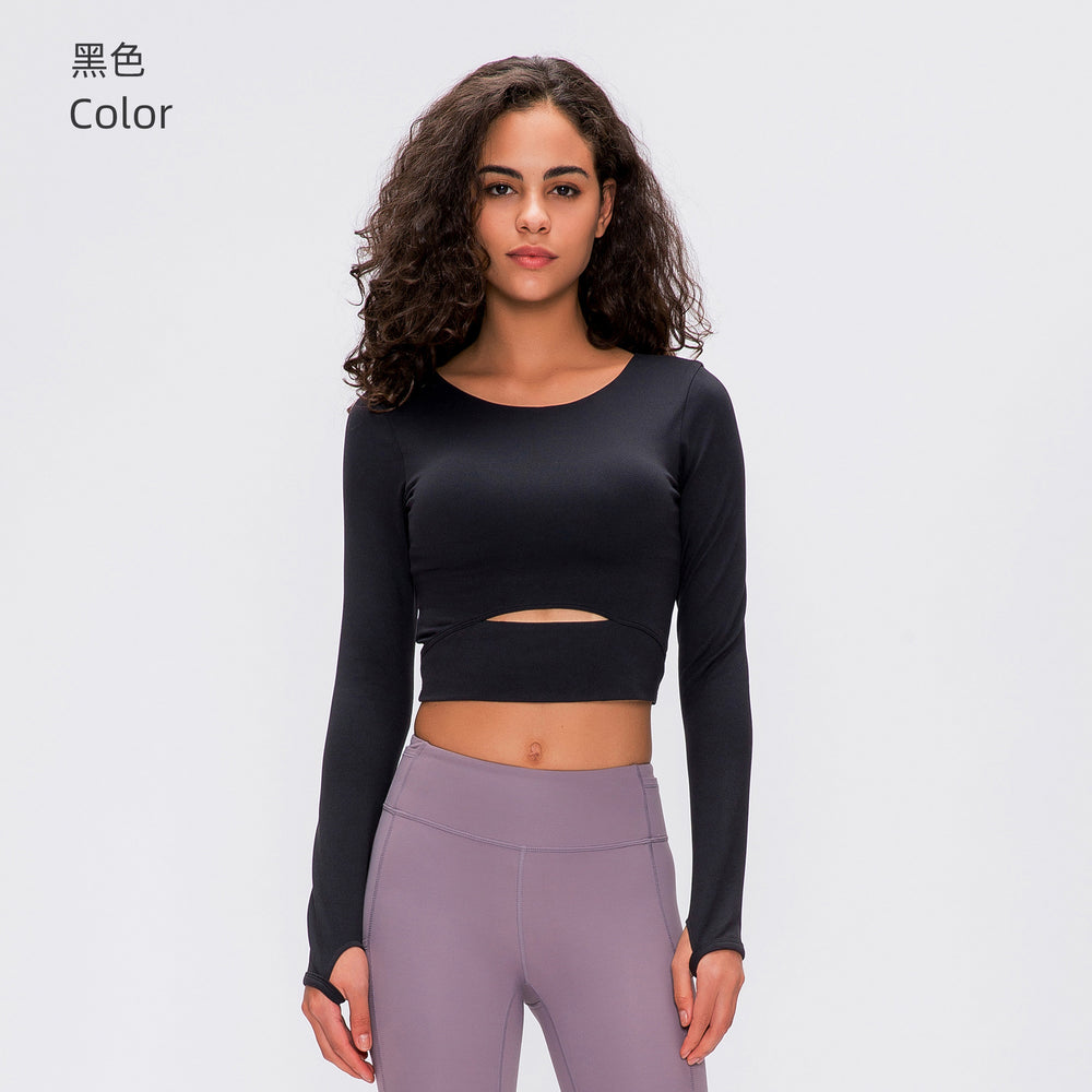 European and american new style padded sports long sleeve t-shirt, fashionable cropped fit, outdoor running slim yoga top for women s2032