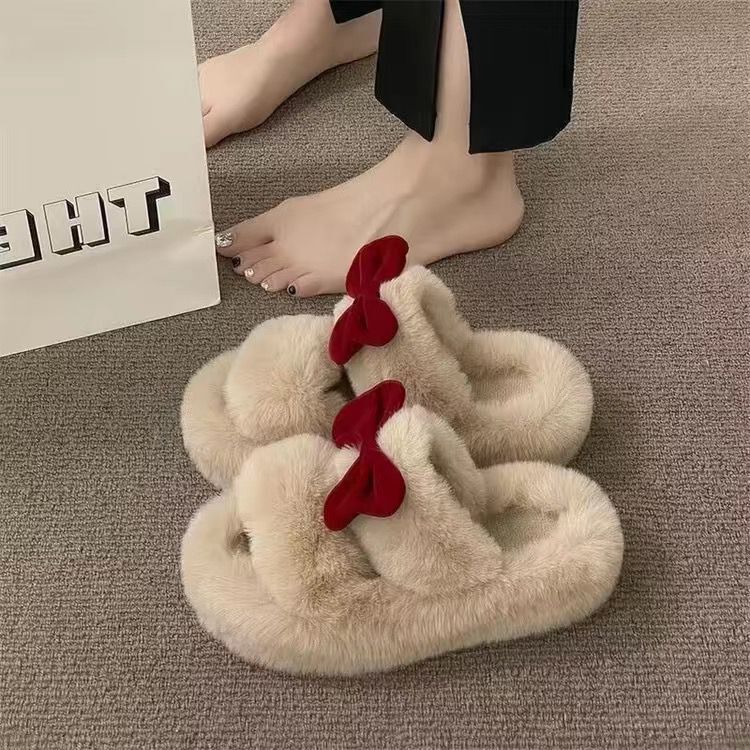 Thick sole cotton slippers for women autumn winteroutwear2024new arrivalpopularbowsbowsoutwearins furry slippers