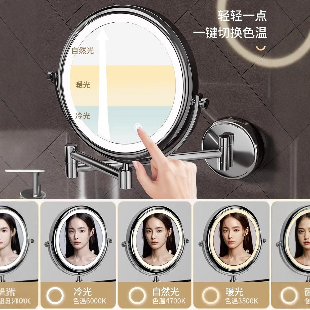 Toilet mirror folding non-punching hotel bathroom cosmetic mirror wall hanging telescopic double-sided LED beauty mirror with lamp