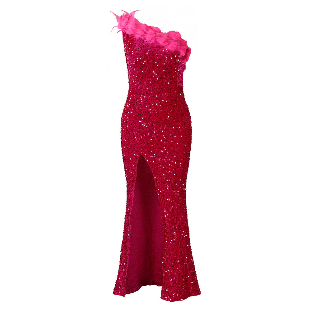 D525  cross-border new fashion elegant asymmetrical neckline high-waisted slit maxi dress sequin gown