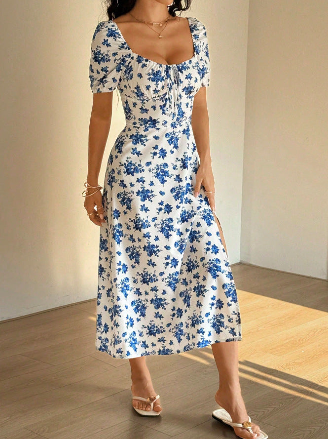summer fashion casual european and american cross-border square neck printed short-sleeve floral dress women's clothing