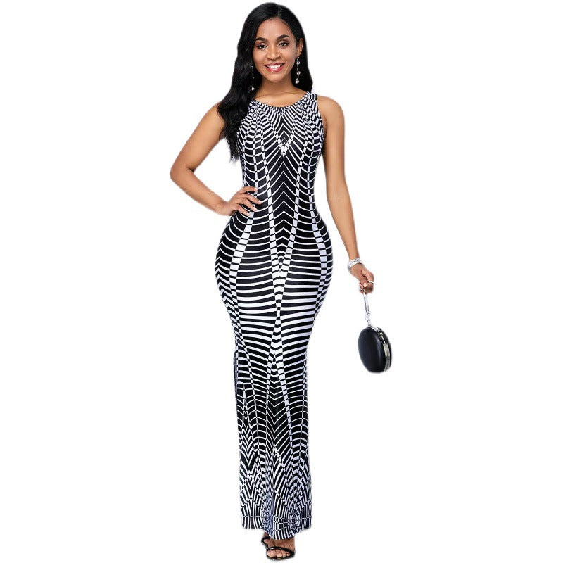 european and american style women's apparel for export -  digital print crew neck sleeveless side slit dress