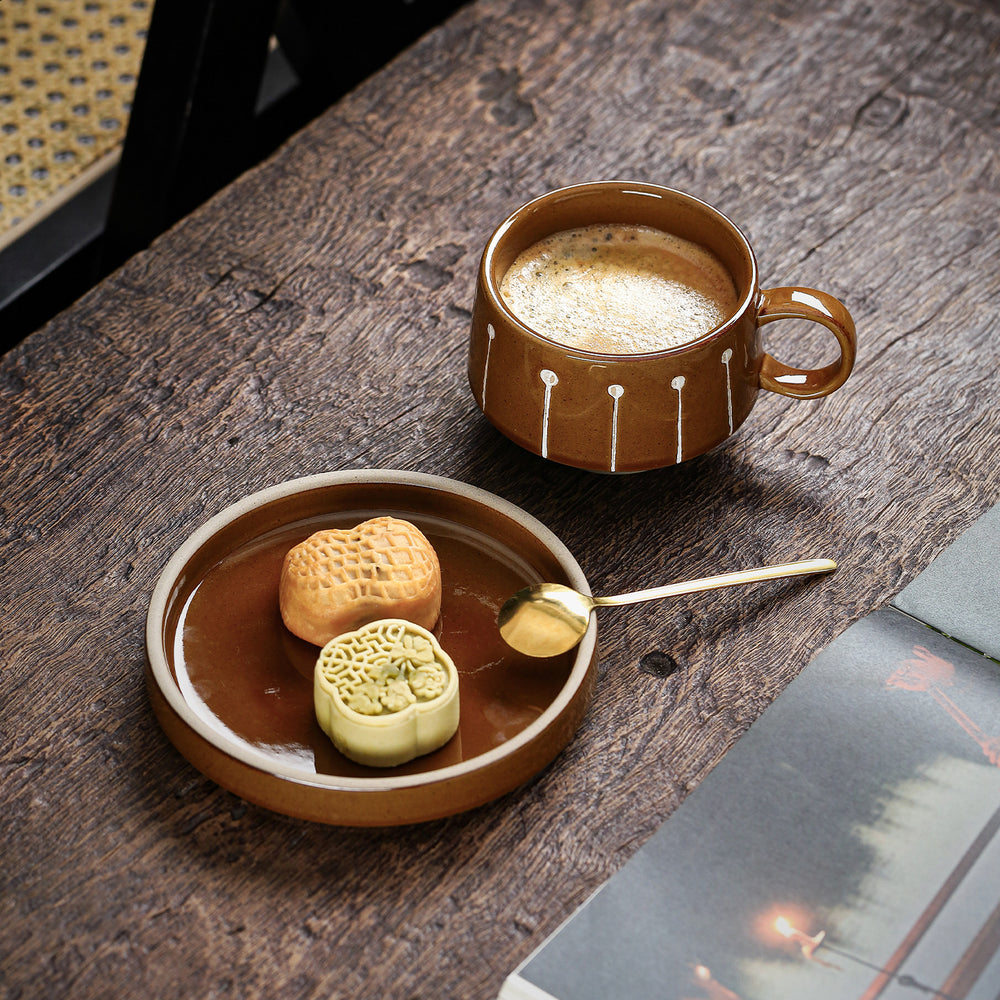 Vintage chic ceramic mug and saucer set - high-style afternoon tea, milk, and coffee cups - rustic pottery, japanese-style hand-painted ceramic mugs and water cups