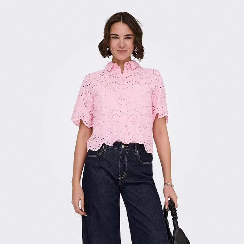 Amazon fashion cut out crochet short sleeve shirt women's  summer new arrivalfashioncasualeleganttops