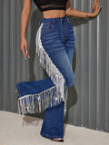 European and american style women's high-waisted frayed hem distressed light blue washed stretch flare jeans