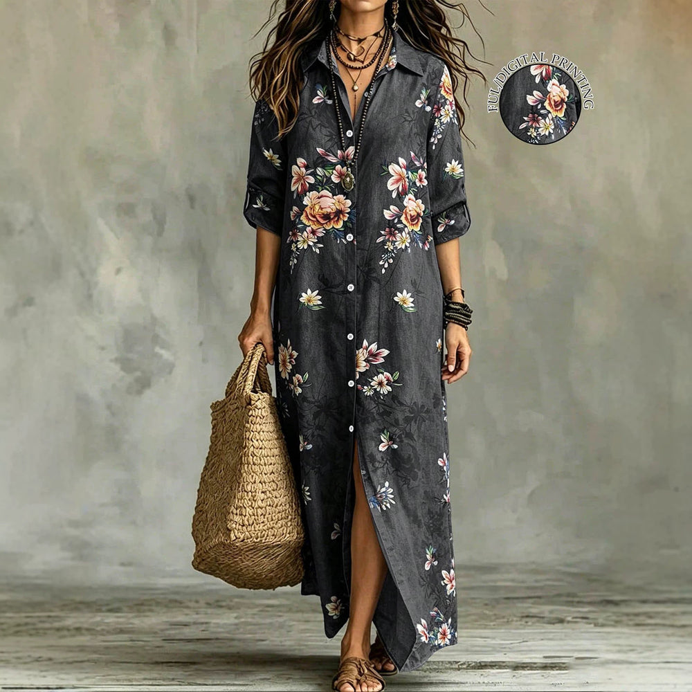 Plus size women's floral print maxi dress - denim-look fabric, turn-down collar, open front, loose fit, casual beach dress - wholesale available