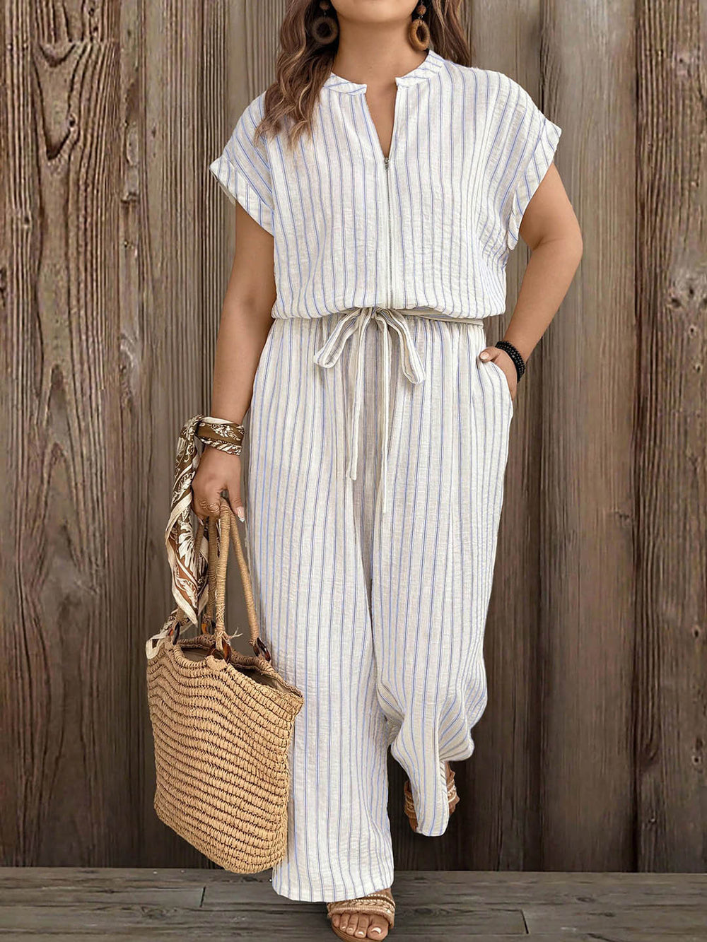 vacation striped plus size jumpsuit - front zipper, stand collar, drawstring waist, side pockets, loose wide leg