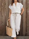 vacation striped plus size jumpsuit - front zipper, stand collar, drawstring waist, side pockets, loose wide leg