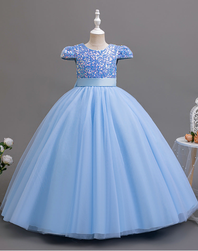 Ready-to-ship, european and american style girls' evening gown, long, puffy skirt, high-end children's dress with sequin embellishments