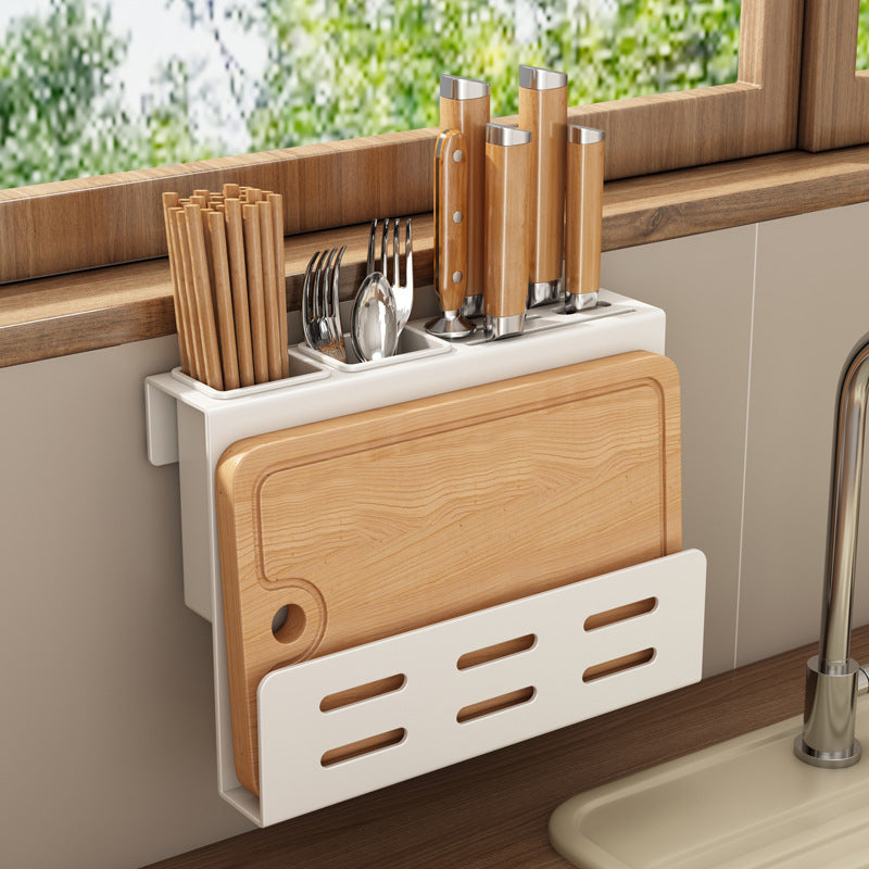 White lid rack, wall-mounted non-punching knife holder, integrated stainless steel chopstick cartridge, knife storage, cutting board, cutting board rack
