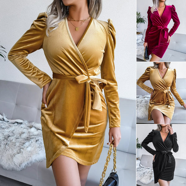 Real shot European and American bubble sleeves, sexy velvet hip skirt, party dress dress,   women's clothing