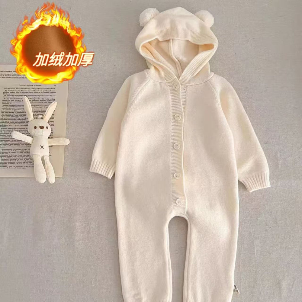 autumn newborn solid color romper cute baby knitted pom-pom hooded crawling suit