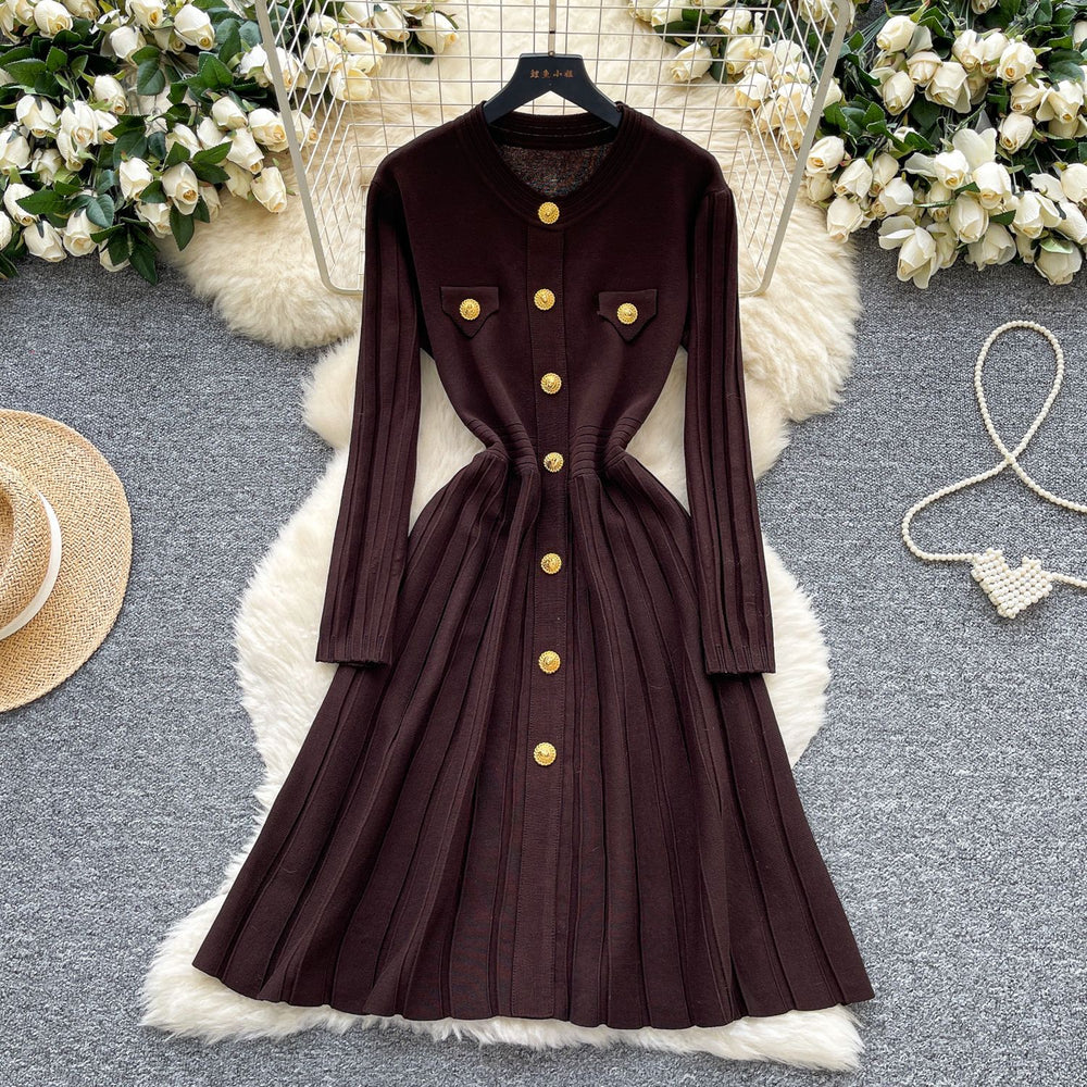Classysense niche stylefrenchretro metal buckle waist slimming look round neck long sleevessweaterdress women's bottom long skirt