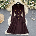 Classysense niche stylefrenchretro metal buckle waist slimming look round neck long sleevessweaterdress women's bottom long skirt
