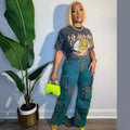 European and american style stretch denim cargo pants -  trendy, multi-pocket, loose fit, wide leg, spray-dyed straight leg work pants