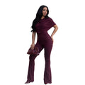 C7651 cross-border   fashion women's elegancefashion slim pure color wide leg jumpsuit