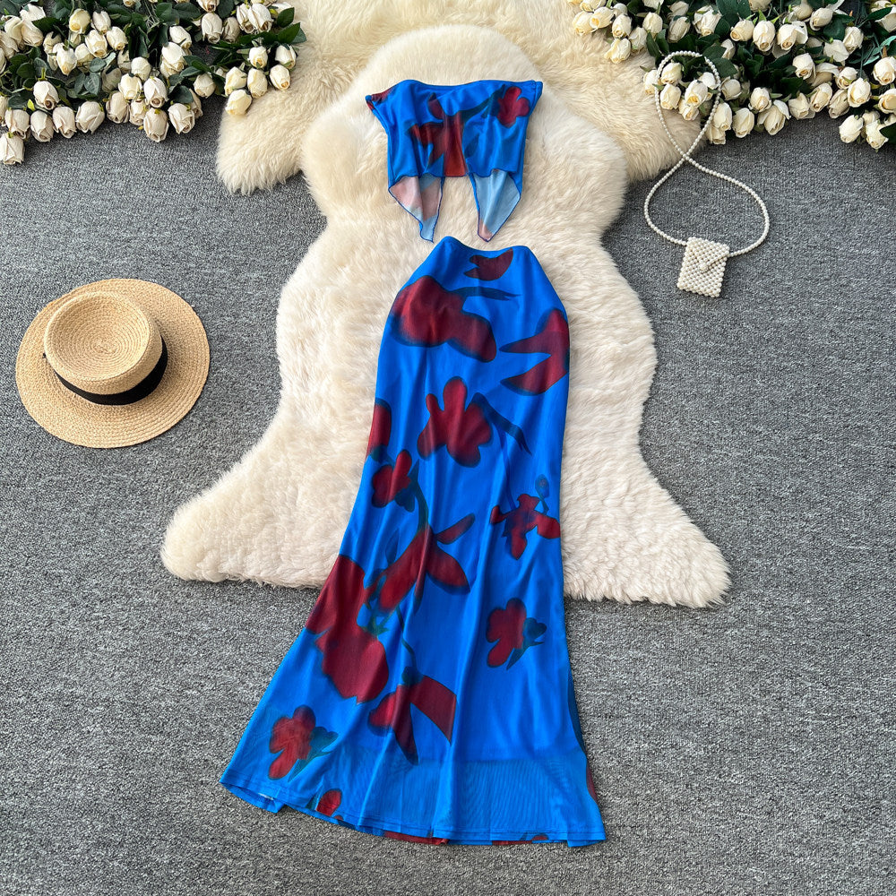 Vacation-style printed bandeau top and high-waisted skirt two-piece set for women, a sexy and trendy summer fashion outfit