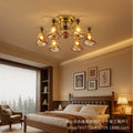 French retro solid wood round bead multi-head gradient caramel wave glass bedroom main light b&b study american atmosphere