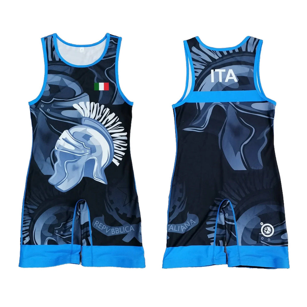 Sublimation full body print men's one-piece wrestling suit custom training weightlifting suit men's and women's free wrestling one-piece vest