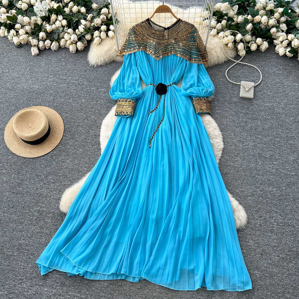 French-style heavy embroidery beaded sequin mesh patchwork lantern sleeve tie-waist pleated maxi dress - women's high-end long dress