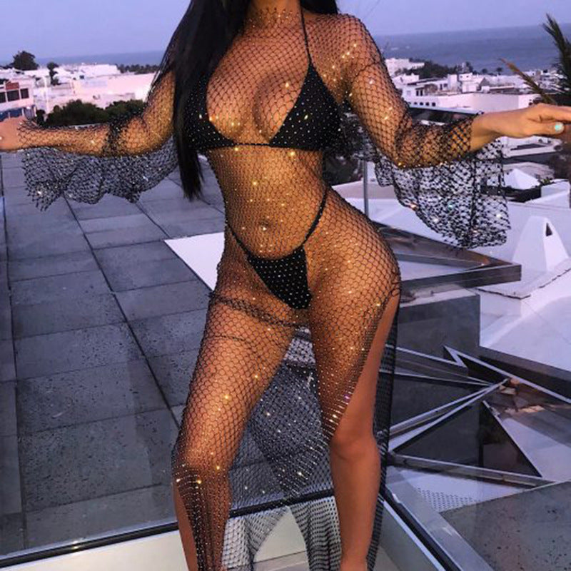 European and American sexy women's clothing autumn new 2022  hot-selling solid color fishing net grid flash diamond round neck split dress