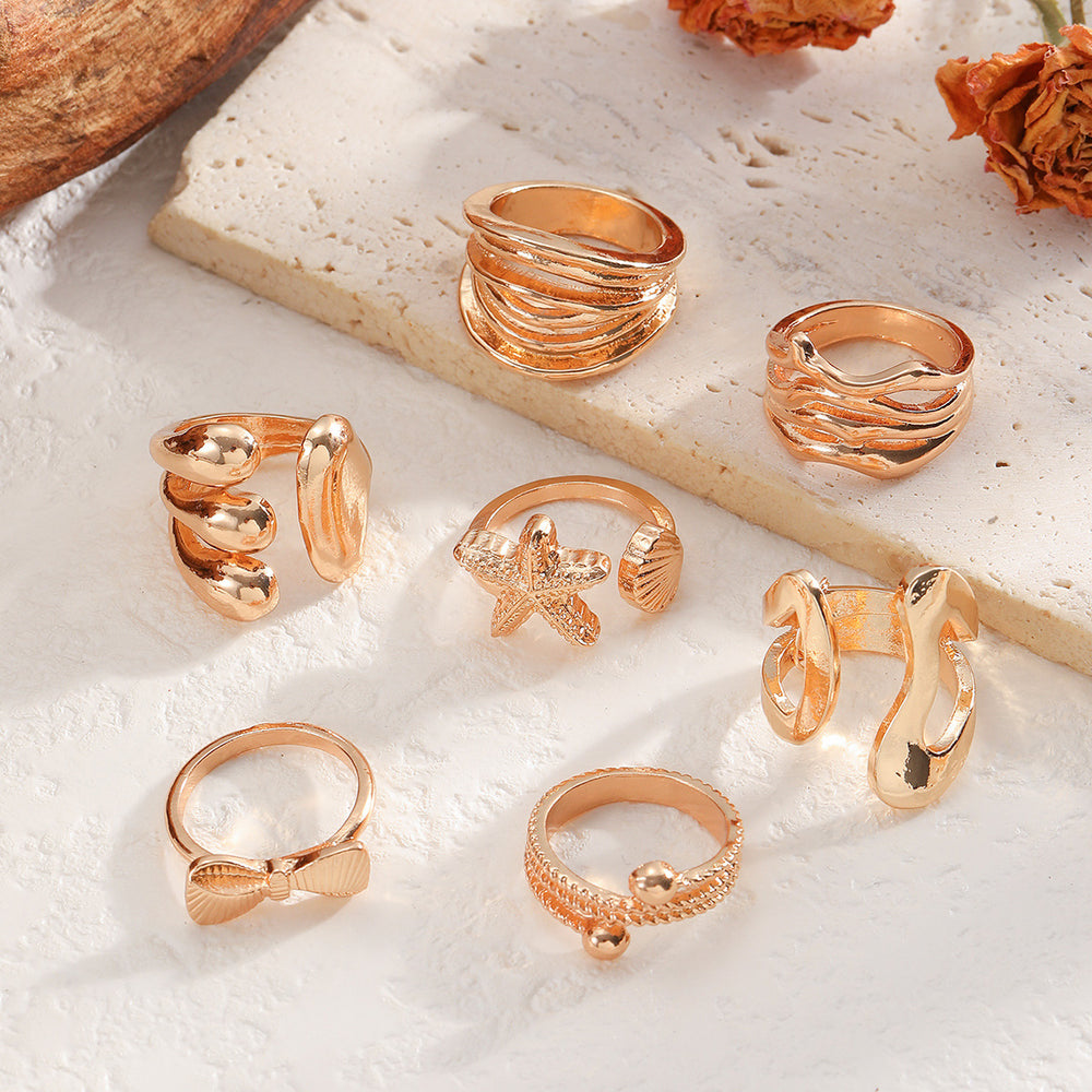 Wholesale fashion jewelry rings: european & american geometric, high-end bow, starfish, unique lava rock knuckle ring set for women