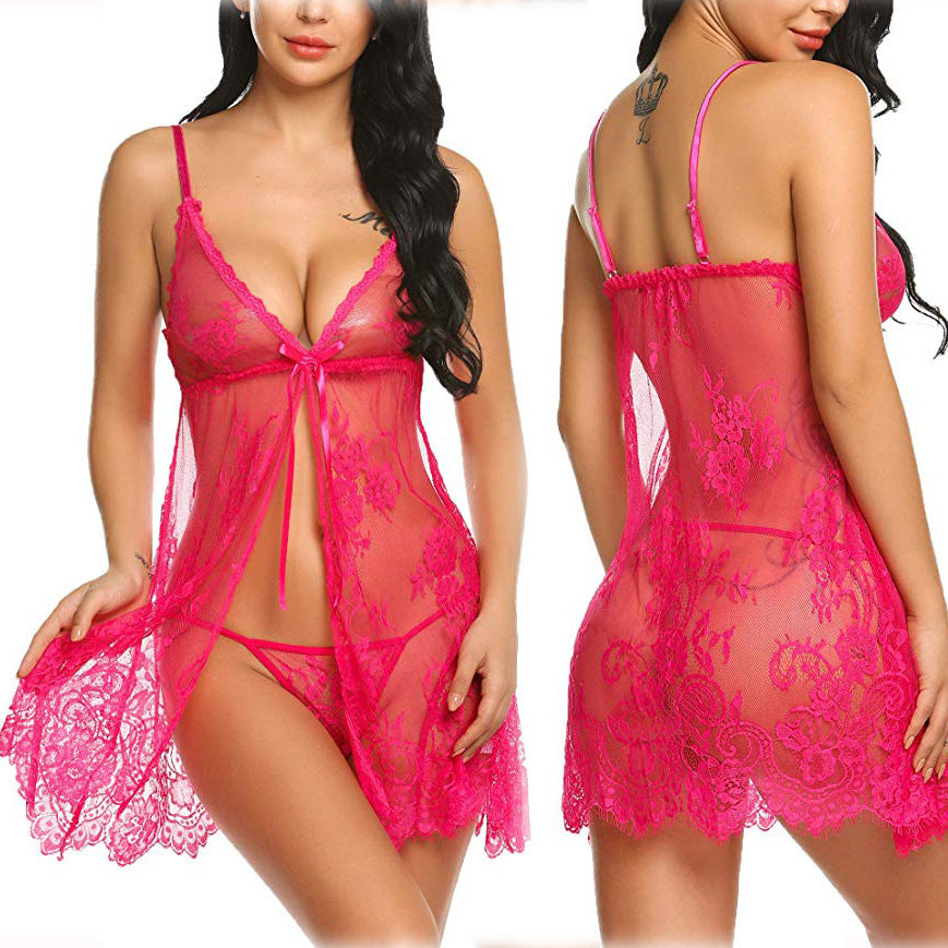foreign trade sexy lingerie, women's erotic lingerie, european and american style eyelash sheer camisole dress with slit, dropshipping available