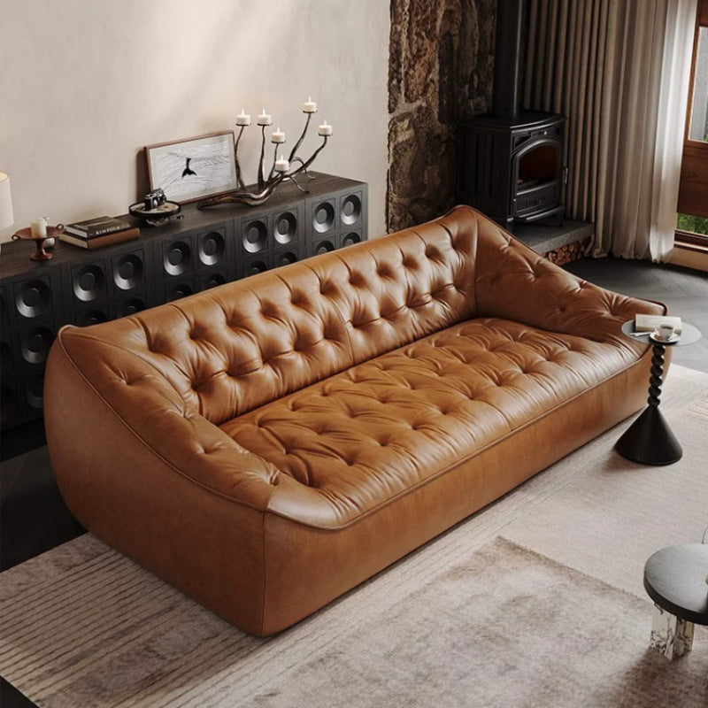 Oil wax genuine leather sofa small apartment living room straight row double slot three slot medieval style first layer cowhide sofa