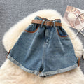 Belt waist-cinching denim wide-leg shorts for women american retroniche stylehigh waistslimming lookcasualeasiest for matchhot girl hot pants