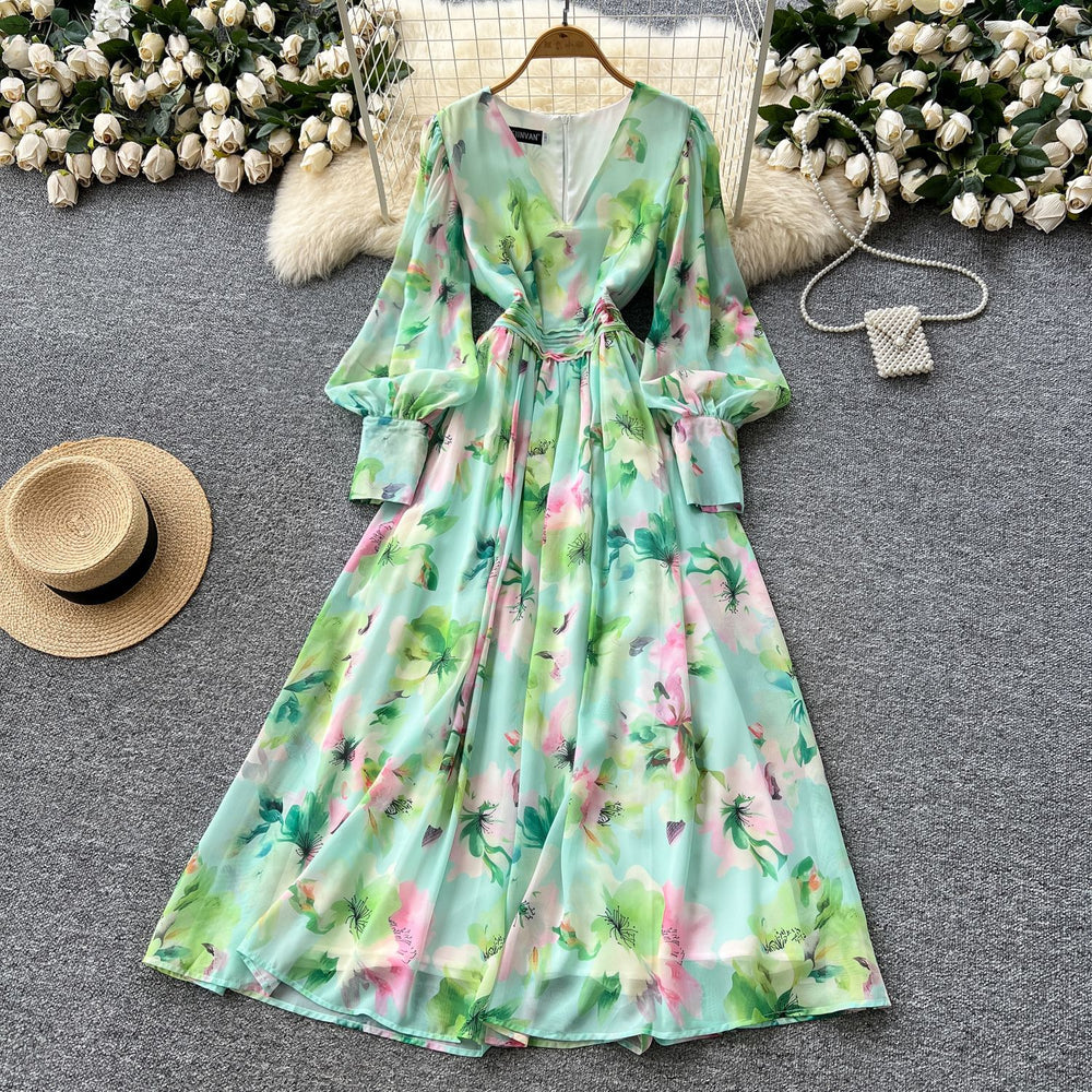 Gentle atmosphere printing lantern sleeve v neckdress women's summer waist slimming look large swing accessible luxuryelegant long skirt