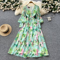 Gentle atmosphere printing lantern sleeve v neckdress women's summer waist slimming look large swing accessible luxuryelegant long skirt