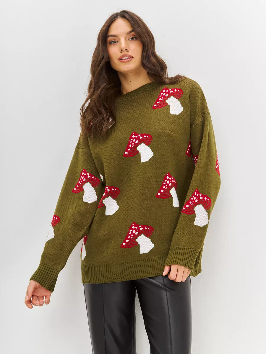 Cross-border European and American women's clothing casual ins mushroom long-sleeved crew neck sweater autumn and winter fashion loose pullover knitted sweater women