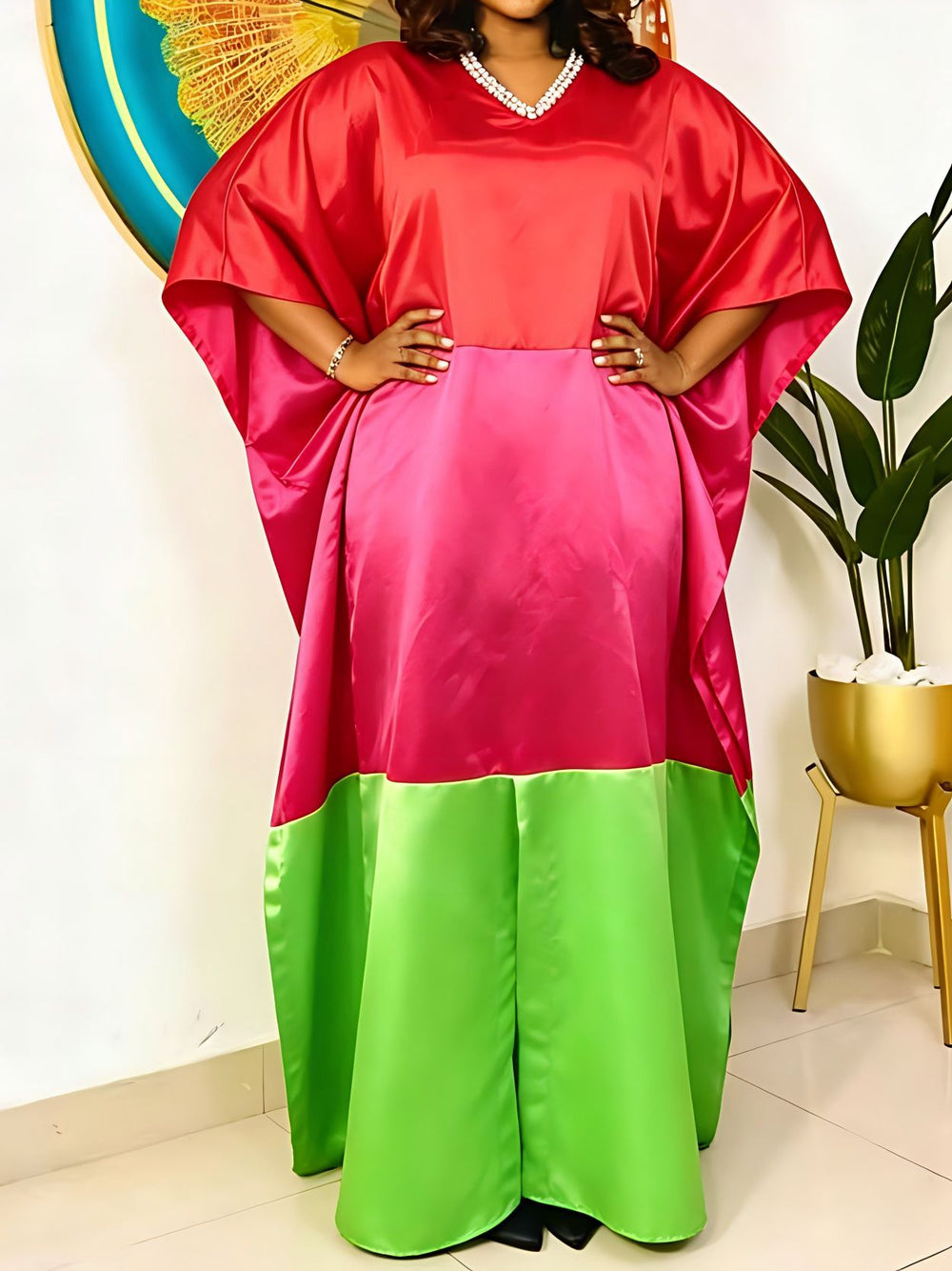 new arrival african party dress v neck pearl decoration bat sleeve contrast colorsatin robe dresses