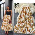 fashionretroprintingpleated elastic waist fashion skirt women's high waist a-line skirt work clothing long skirt summer