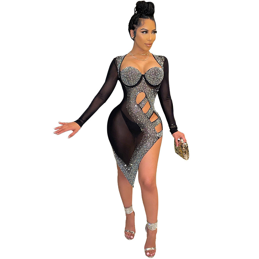 S390167 cross-border women's cut outsexy mesh hot diamond long-sleeved dress fashion one-step skirt for women