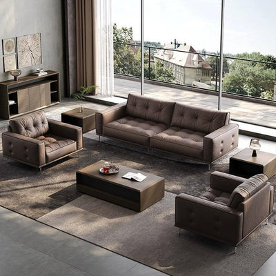 Genuine leather office sofa set - italian minimalist retro style - pull-button straight row three-seater negotiation and reception sofa
