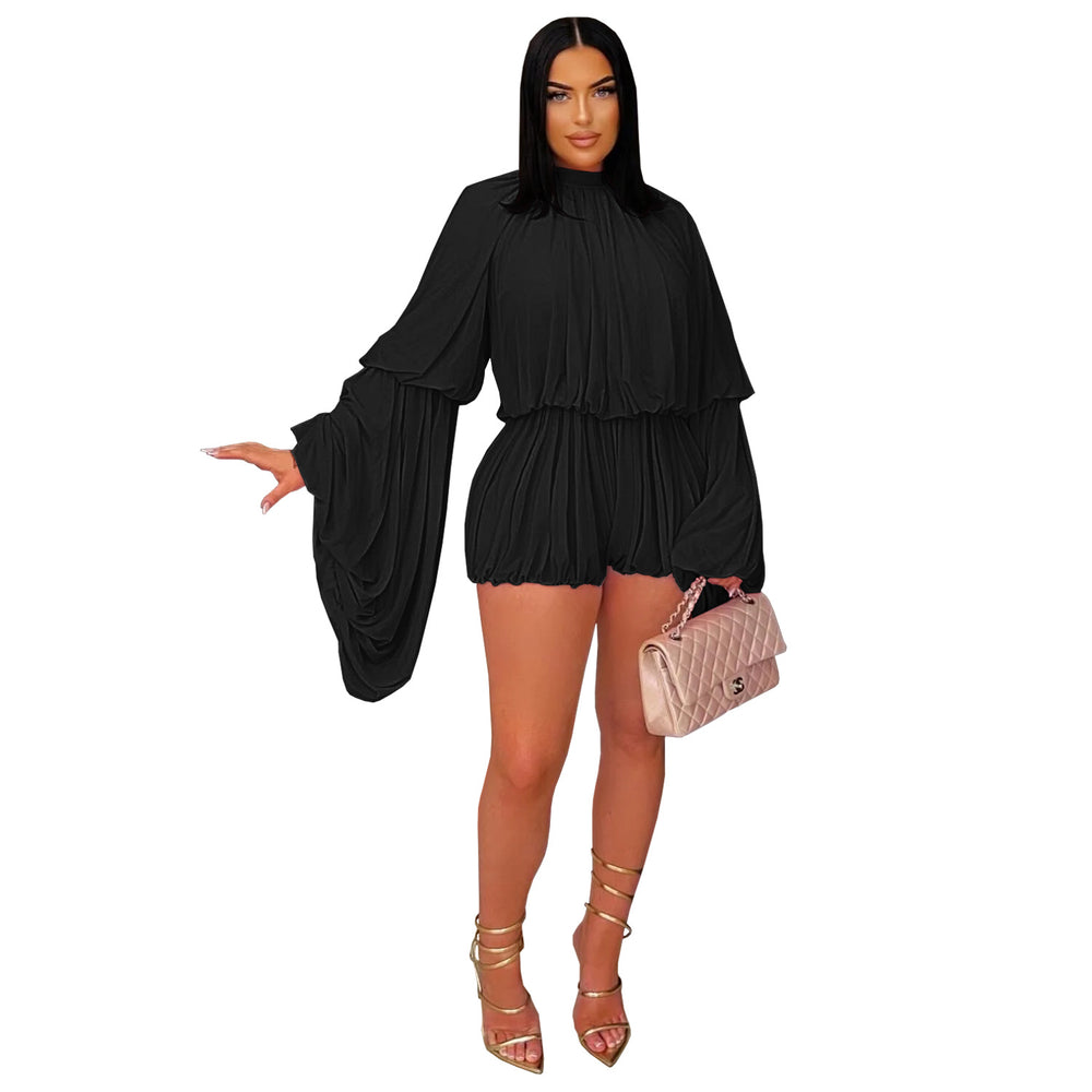 C7432 cross-border   fashion women's fashion casual pleated solid color jumpsuit shorts new