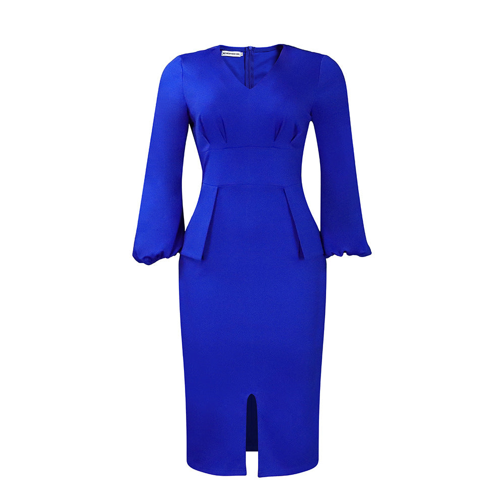 D354  european and american women's clothing v neck puff sleeve slit dress office pencil skirt african dress